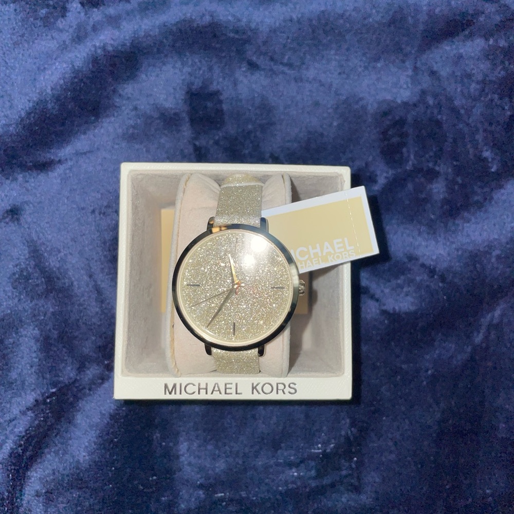 Michael Kors Women's Charley Shimmering Gold Glitter Leather Watch ⭐️